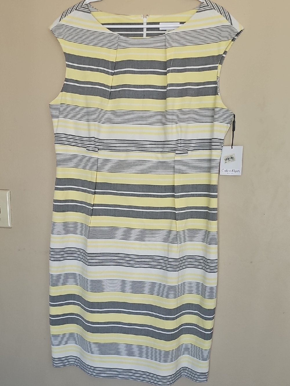 Calvin Klein Yellow, Gray & White Striped Cap-Sleeve Sheath Dress